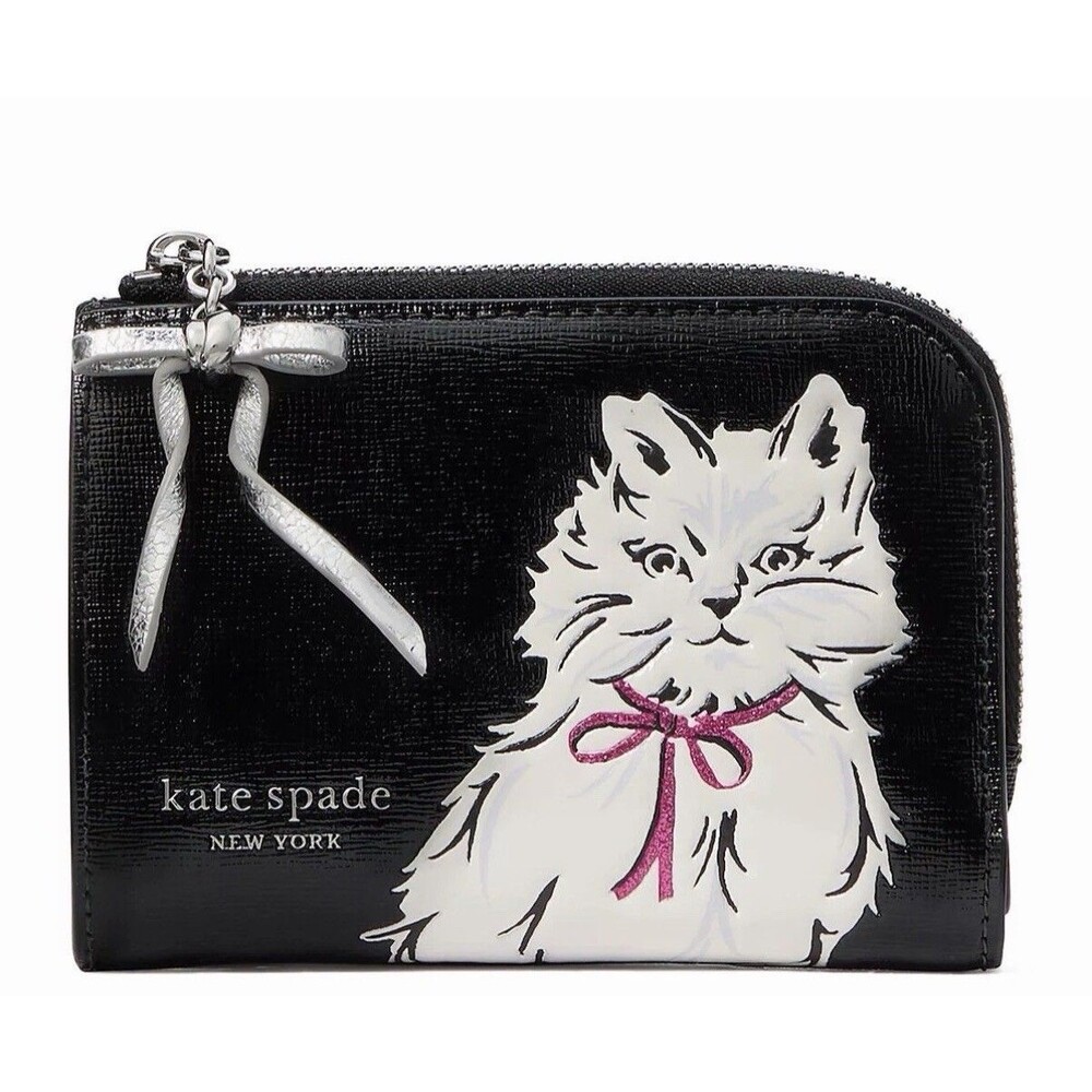 Kate Spade Whiskers Cat Bow small Zip Compact Leather wallet Black White Bow NWT